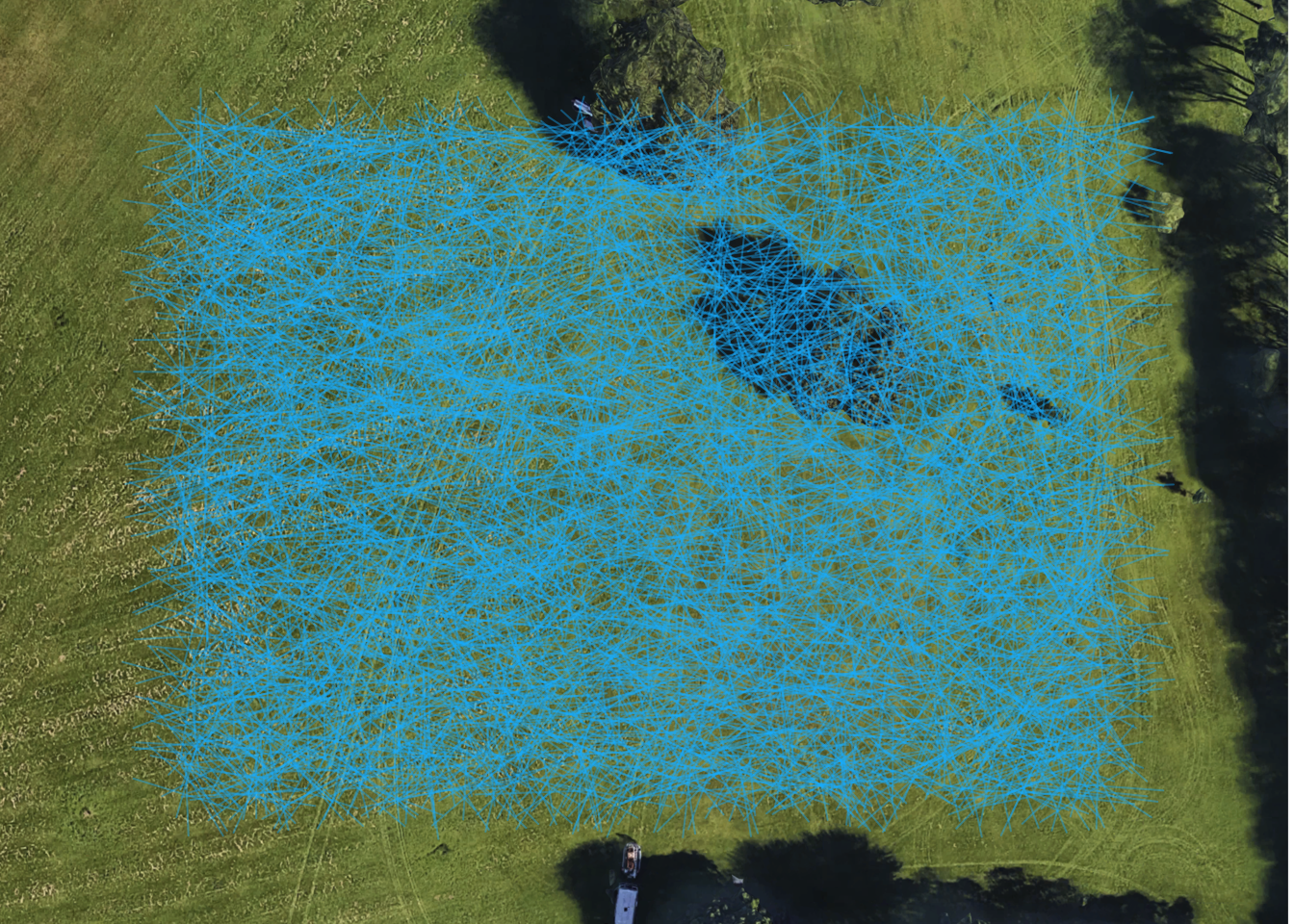 An army of lightsaber-wielding critters in the middle of the battlefield. This is the position of each critter's lightsaber at the moment we pass them on our transect.